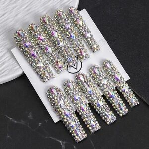 Handmade 3D Crystal Long Square Press On Nails